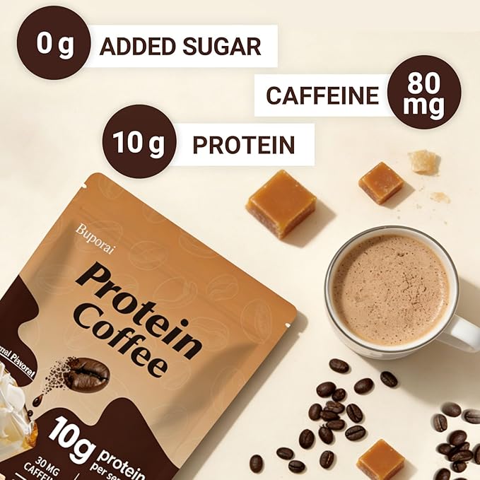 Protein Coffee Powder - Caramel Protein Iced Coffee, 0g Sugar, Keto Friendly, 80 mg Caffeine Per Serving - 20 Servings