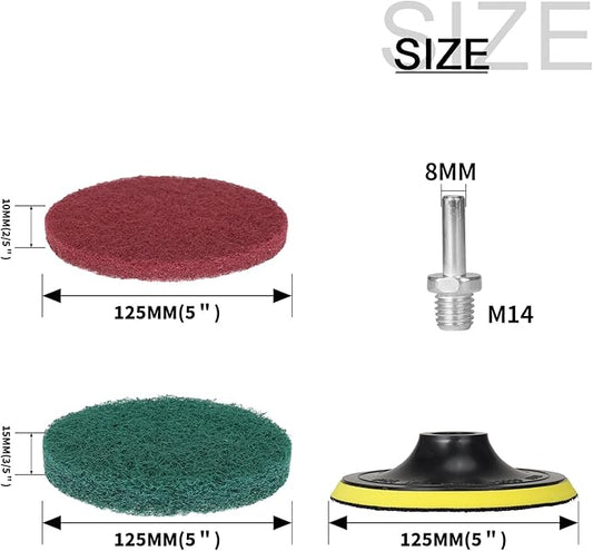 5 Inch Drill Brush Power Scouring Pads - Heavy Duty Tub and Tile Cleaner - Household Cleaning Kit Includes Drill Attachment, 5 Red, 5 Stiff Green Scrubber Pads