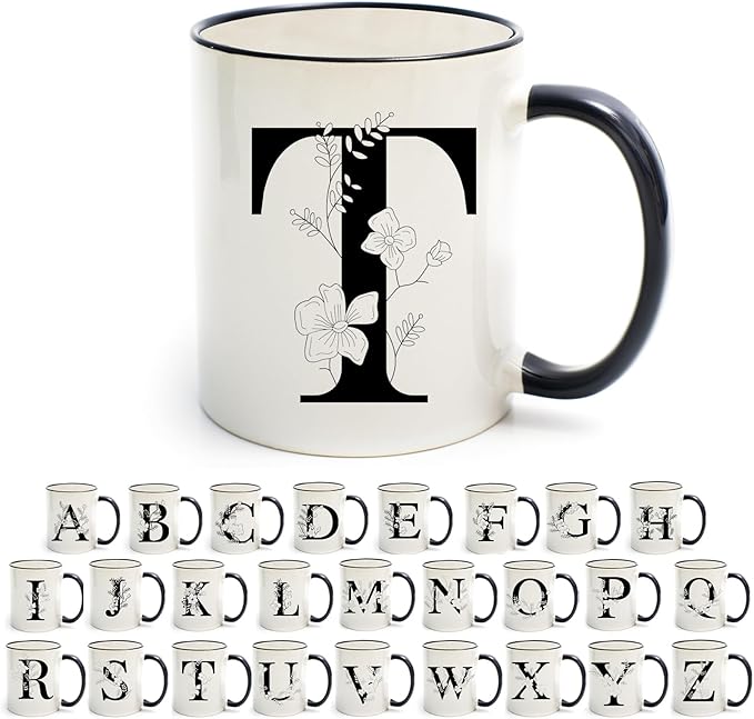 Monogram Ceramic Coffee Mugs, 11 oz Initial Drinking Cup with Gift Box, Unique Birthday Valentines Day Gifts for Women Wife Mothers Day Grandma Mom Aunt, T