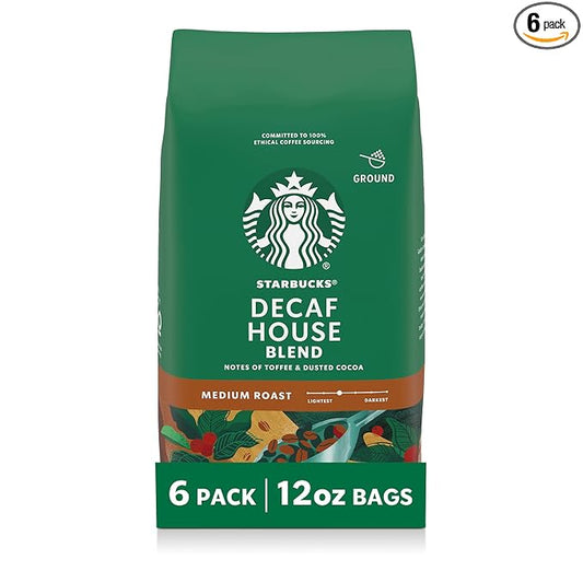 Starbucks Ground Coffee, Medium Roast Hot or Iced Coffee, Decaf House Blend, Six 12 oz Bags