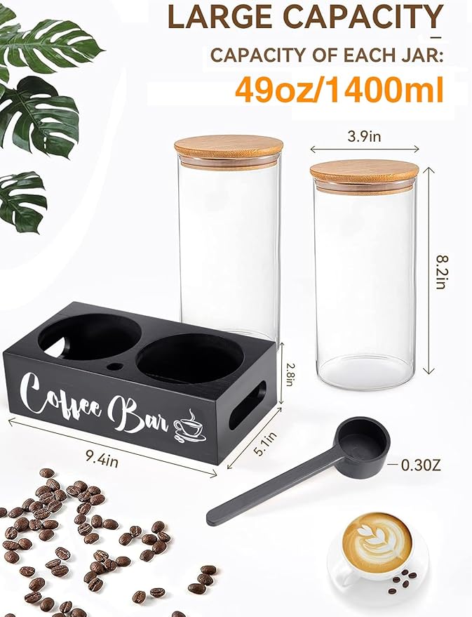 2Pcs 49oz Large Capacity Glass Coffee Containers - BPA Free Storage Jars with Shelf Lids and Spoon for Coffee Bean Bar Station Kitchen Gift