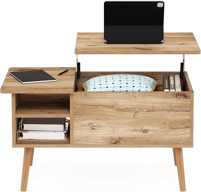 Furinno Jensen Living Room Wooden Leg Lift Top Coffee Table with Hidden Compartment and Side Open Storage Shelf, Flagstaff Oak