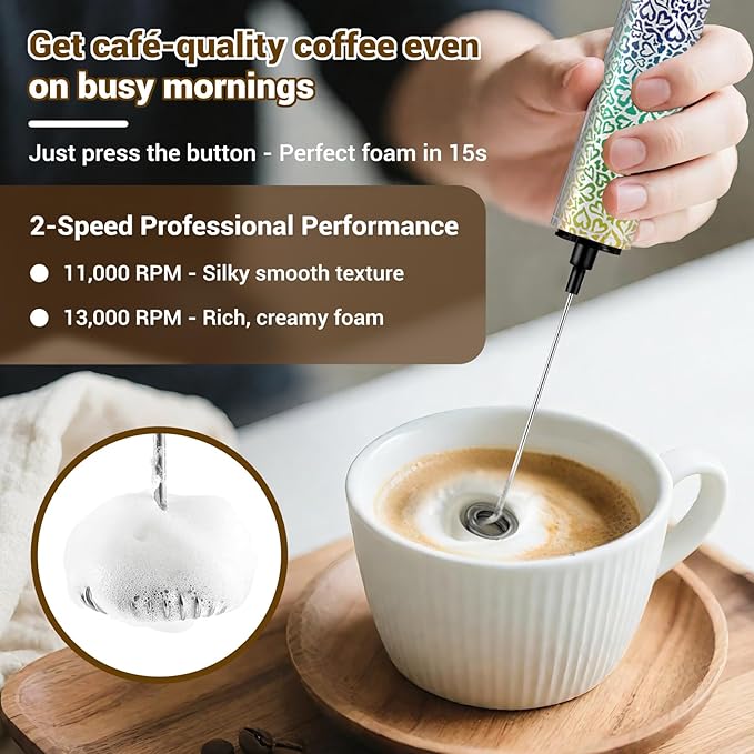 Milk Frother Handheld Rechargeable - 2-Speed Electric Whisk with 5 Detachable Heads (Frother/Mixer/Whisk) for Coffee, Latte, Cappuccino & Matcha, Drink Mixer (Flower 5)