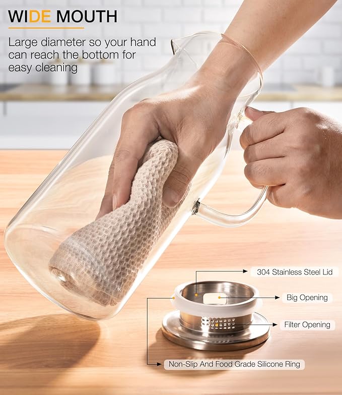 LUNA&MANTHA 2 Pack 2 Liter 68 oz Glass Pitcher with Lid and Handle, Water Pitcher for Fridge, Large Ice Tea Jug for Hot/Cold Drinks, Thick Borosilicate Glass Carafe for Coffee, Juice, Sangria