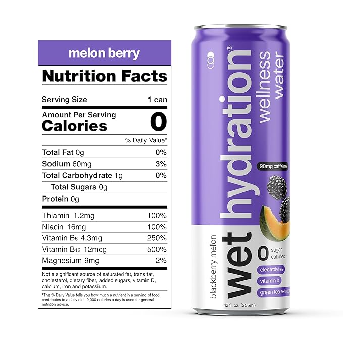 Wet Hydration | Functional Wellness Water, Non-Carbonated - Blackberry Melon (12 Ounce Cans, Pack of 12) - Flavored Water, Hydration Drink, No Sugar, No Artificial Ingredients, Zero Calories (Packaging May Vary)