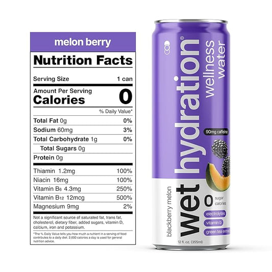 Wet Hydration | Functional Wellness Water, Non-Carbonated - Blackberry Melon (12 Ounce Cans, Pack of 12) - Flavored Water, Hydration Drink, No Sugar, No Artificial Ingredients, Zero Calories (Packaging May Vary)