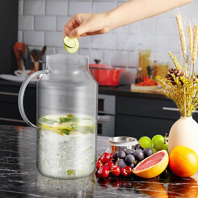 Bivvclaz 1 Gallon Glass Pitcher with Lid and Handle, Glass Water Pitcher for Fridge, Glass Carafe for Hot/Cold Water, Iced Tea Pitcher, Large Jug for Coffee, Juice and Homemade Beverage
