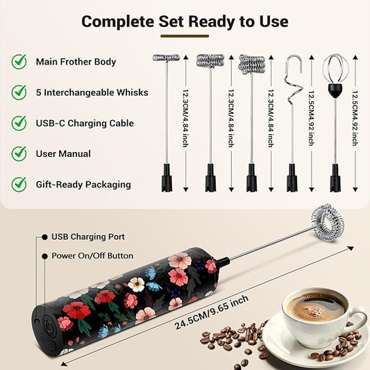 Milk Frother Handheld Rechargeable - 2-Speed Electric Whisk with 5 Detachable Heads (Frother/Mixer/Whisk) for Coffee, Latte, Cappuccino & Matcha, Drink Mixer (Flower 2)