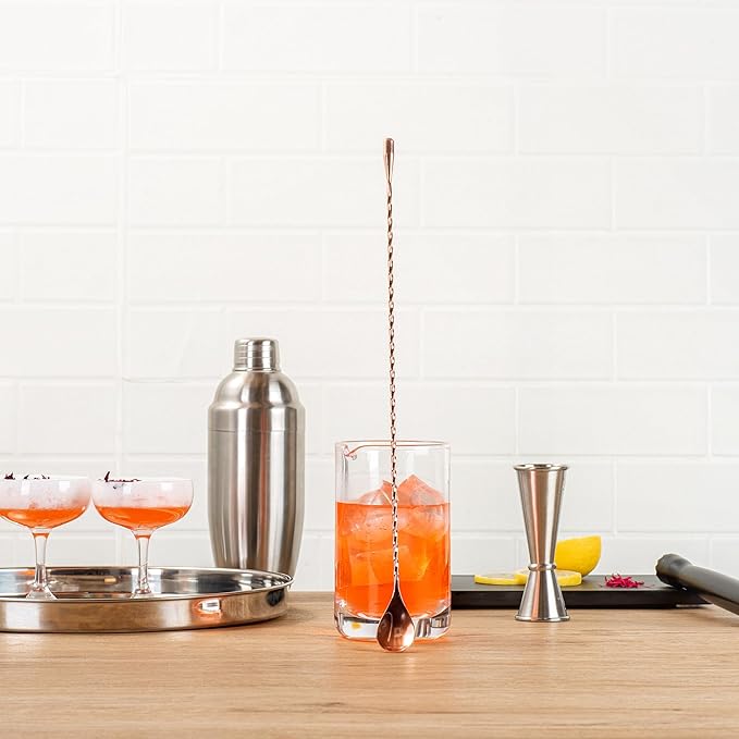 Restaurantware Bar Lux 16 Inch Bar Spoon 1 Corkscrew Handle Cocktail Stirrer Spoon - Long Commercial Copper-Plated Stainless Steel Cocktail Mixing Spoon For Stirring And Mixing