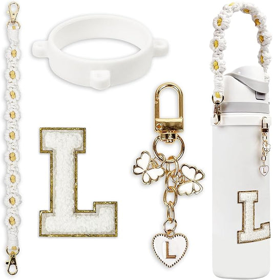 Compatible with Owala Water Bottle Accessories, Cute Letter Charm Set with Boho Handle Strap, Monogram Sticker, Silicone Ring, Keychain Decoration, for FreeSip 24 32 40oz, Owala Kids, Tumbler Gift