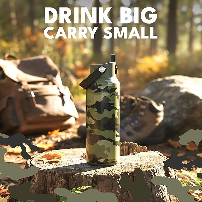 Elemental 40oz Insulated Water Bottle with Straw - 100% Leak-Proof Stainless Steel Core Water Bottles for Travel, Sports and Gym - Double Wall Insulation & BPA Free - Dark Green Camo