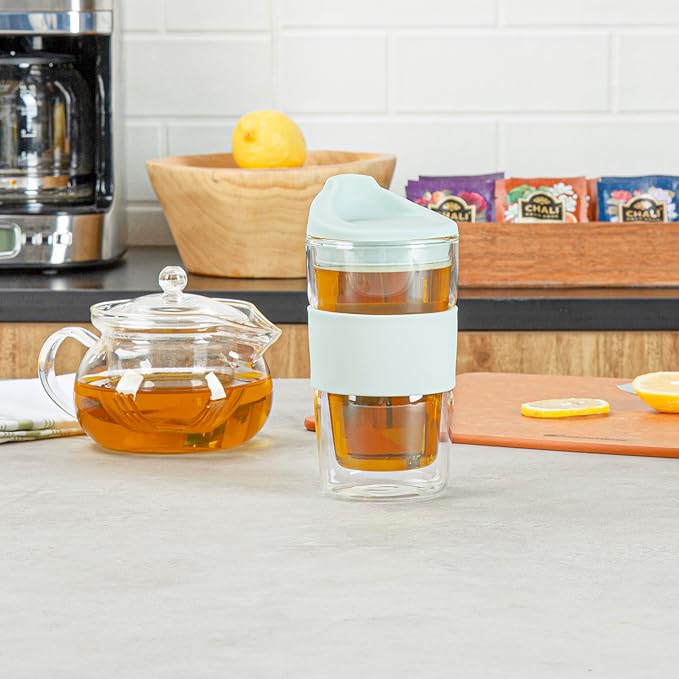 Restaurantware Glass Travel Mug 1 Count 12 Ounce Double Wall Borosilicate Reusable Coffee Cup, Spill-Resistant Mint Green Silicone Lid, Clear Drinkware Mug for Hot and Cold Beverages