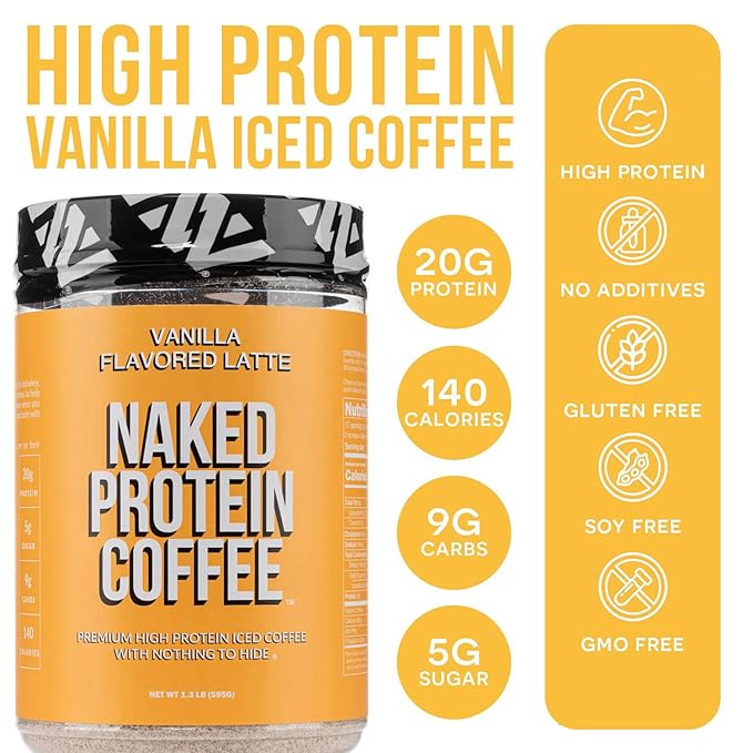 NAKED Vanilla Latte Protein Coffee - Premium Colombian Iced Coffee Protein Shake Drink, Delicious Keto Friendly and Gluten Free, 17 Servings