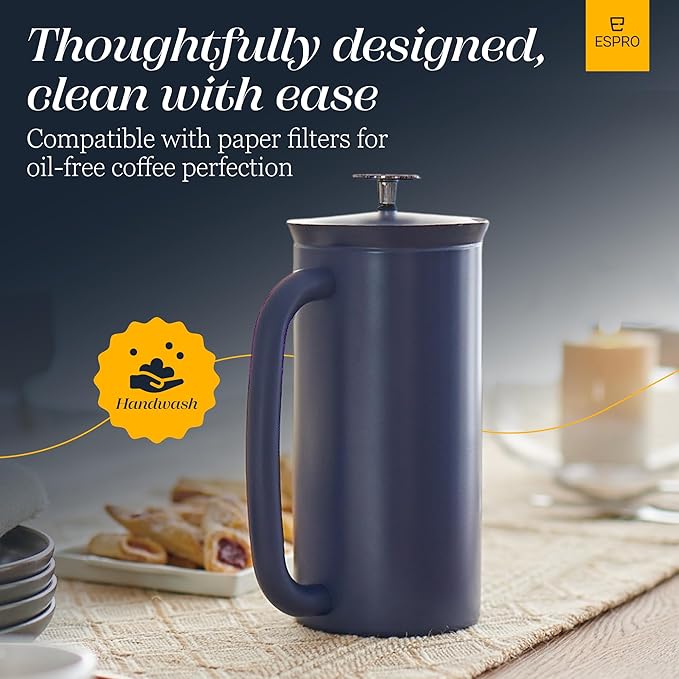 ESPRO P7 French Press Stainless Steel 304 – Patented Double Walled Micro-Filter Insulated French Press Coffee Maker, Grit-Free Brew - Heat Resistant BPA Free - Aegean Blue (32oz)