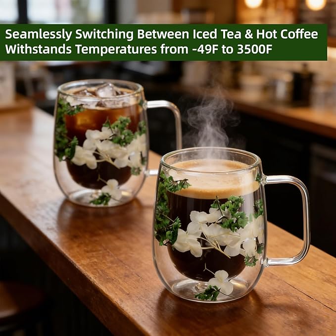 Dried Flowers Double Wall Insulated Coffee Mug, Borosilicate Glass Tea Cup with Real Flower Embedded, Heat Resistant Handle for Valentine's Day Birthday Gifts (green,8.45oz)