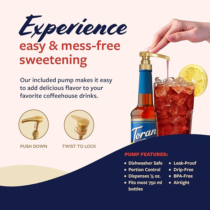 Torani Sugar Free Raspberry Syrup and Sugar Free Peach Syrup Variety 2-Pack, Flavored Syrups for Drinks, Pumps Included, 25.4 Fl Oz Ea