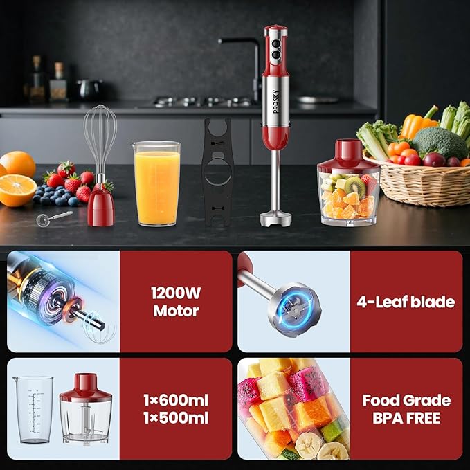 Immersion Blender Handheld Hand Blenders, 20 Speed & Turbo Mode Hand Held Blender, Heaviest Duty Copper Motor, Stainless Steel Blades, Milk Frother Wand, Whisk, 600ml Beaker, 500ml Chopper (Red)