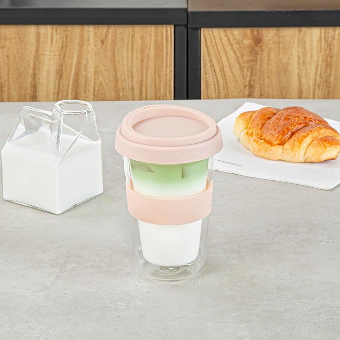 Restaurantware Glass Travel Mug 1 Count 14 Ounce Double Wall Borosilicate Reusable Coffee Cup, Spill-Resistant Tan Silicone Lid, Clear Drinkware Mug for Hot and Cold Beverages