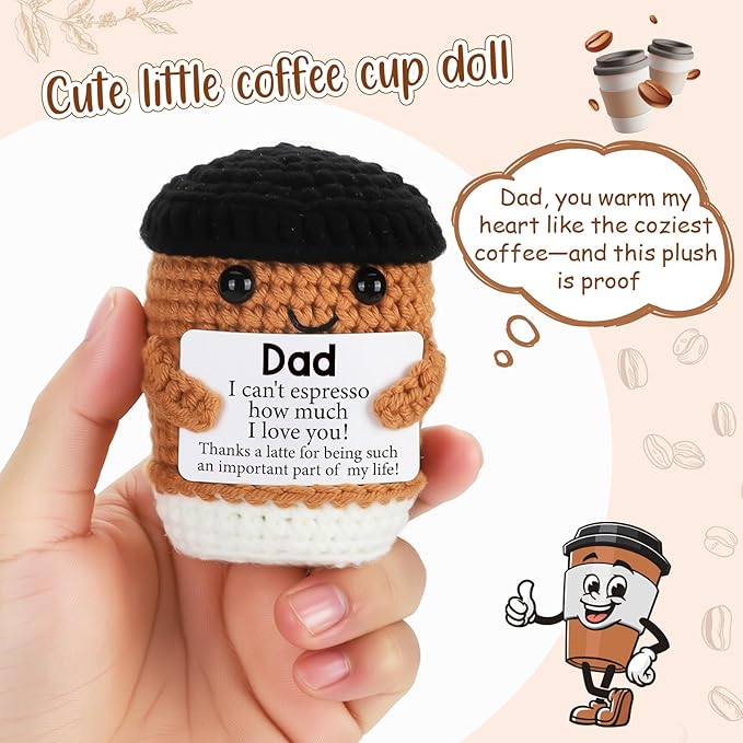Mini Funny Coffee Dad Gifts from Daughter Son Wife, Handmade Crochet Fathers Day Birthday Gift for Daddy Bonus Step New First Time Dad Husband, Office Desk Decor Handmade Emotional Coffee