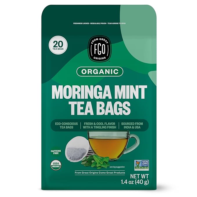 FGO Organic Moringa Mint Tea, 20 Count, Eco-Conscious Herbal Tea Bags, Resealable Bag, Caffeine Free, Packaging May Vary (Pack of 1)