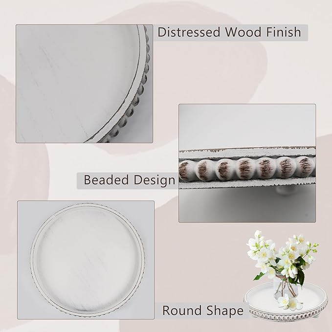 Decorative Tray: 12in White Round Wood Butler ServingTray Candle Holder Trays Vintage Centerpiece Farmhouse Ottoman Tray for Decor Countertop Home Decor Accessories