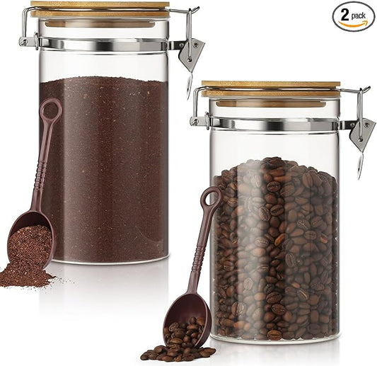 2 Pack 40.5oz Coffee Bean Storage Container with Airtight Bamboo Lids Glass Airtight Coffee Canister with Scoop Storage Container for Grounds Tea Cereal Sugar