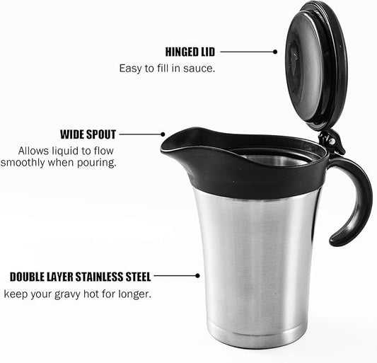 Large Stainless Steel Gravy Boat - 25 Ounce Double Wall Insulated Sauce Jug with Plastic Hinged Lid