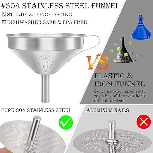 Kitchen Funnel for Filling Bottles, 5 Inch 304 Stainless Steel Funnel with Strainer for Transferring Oils Juices Wine Milk with Silicone Scraper and 100 Mesh 200 Mesh Filtel