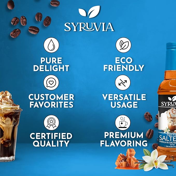 Syruvia Sugar Free Coffee Syrup, SALTELLA Syrup, Vanilla Salted Caramel Flavored Syrup for Drinks, Lattes, and Desserts – 25.4 fl oz, With Pump