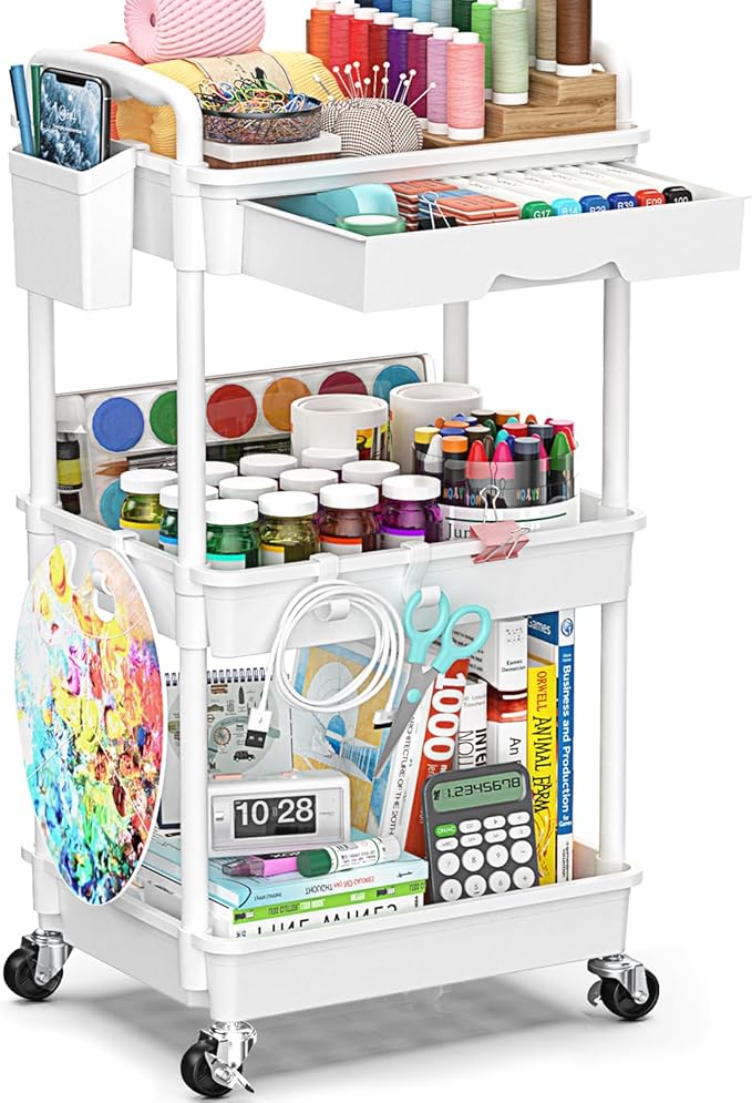 3 Tier Rolling Cart with Drawer, Bathroom Storage Organizer with 2 Lockable Wheels, Multifunctional Rolling Storage Cart for Bathroom, Kitchen, Office, Craft, Makeup, Baby Essentials, White