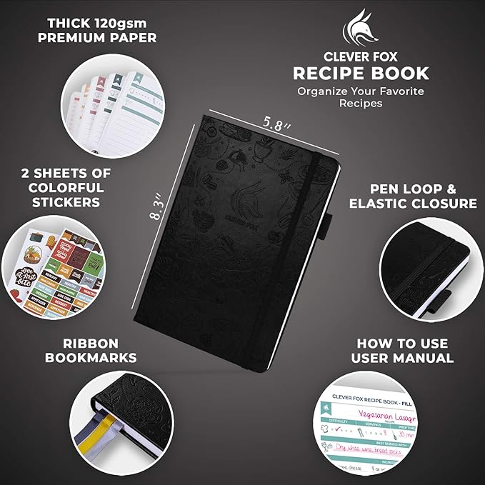 Clever Fox Recipe Book – Blank Family Cookbook – Empty Cooking Journal – Notebook Organizer to Write In Recipes – Medium, A5 (Black)