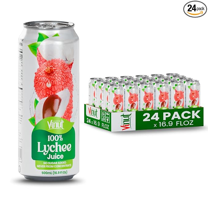 VINUT 100% Lychee Juice, No Added Sugar, Not From Concentrate, 16.9 fl oz (500 mL) Can, Pack of 24