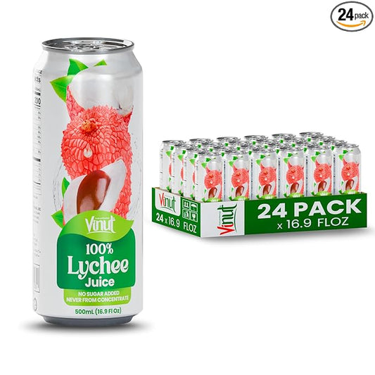 VINUT 100% Lychee Juice, No Added Sugar, Not From Concentrate, 16.9 fl oz (500 mL) Can, Pack of 24