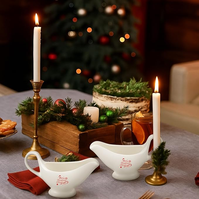 Bokon 2 Pack Christmas White Gravy Boat 8 oz Sauce Boat White Ceramic Sauce Jug with Smooth Handle Creamer Pitcher for Salad Dressing Milk Broth Microwave Dishwasher Safe for Festive Gatherings