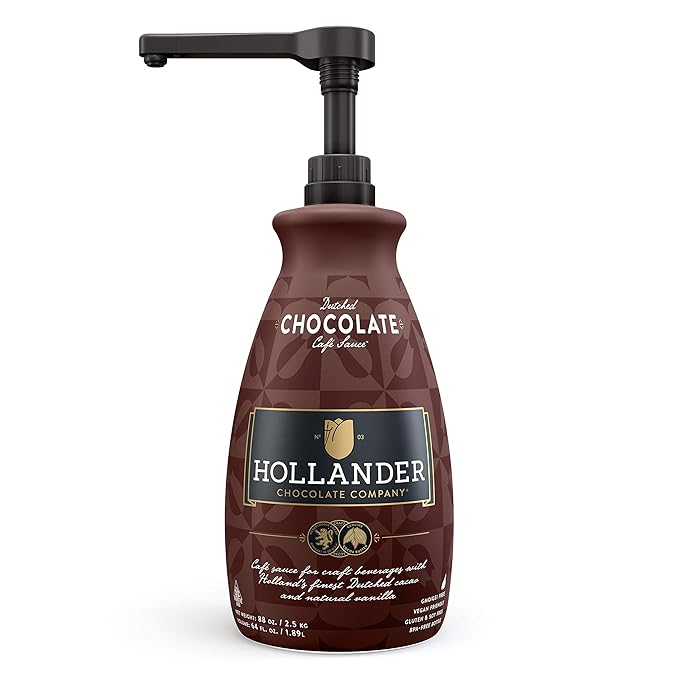 Dutched Chocolate Café Sauce™ by Hollander Chocolate Co. | Perfect for the Professional or Home Barista | Rainforest Alliance Certified | Net Wt. 89 oz (64 fl. Oz.) Large Bottle (PUMP Included)