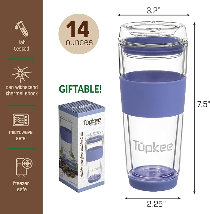 Tupkee Double Wall Glass Tumbler - 14-Ounce, All Glass Hand Blown Reusable Insulated Tea/Coffee Mug & Lid, Travel Mug - Jacaranda