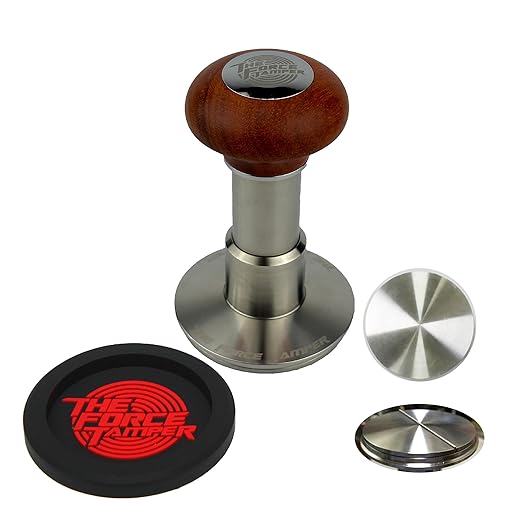 The Force Tamper Automatic Impact Adjustable Constant Pressure and Autoleveling Coffee Tamper Reddish Brown Jellyfish Wooden Handle Set Pro (Flat-Distribute Set, 53.00mm)