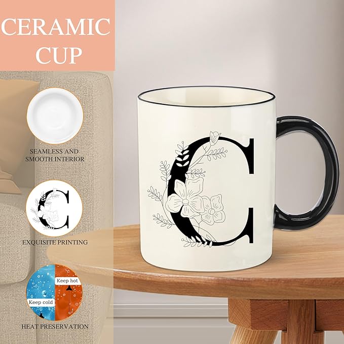 Monogram Ceramic Coffee Mugs, 11 oz Initial Drinking Cup with Gift Box, Unique Birthday Valentines Day Gifts for Women Wife Mothers Day Grandma Mom Aunt, C