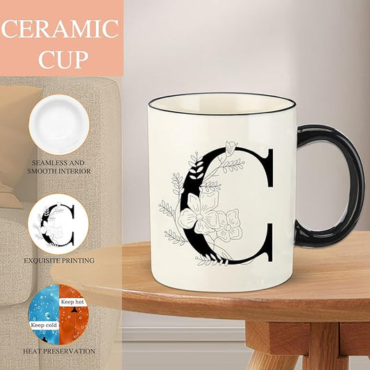 Monogram Ceramic Coffee Mugs, 11 oz Initial Drinking Cup with Gift Box, Unique Birthday Valentines Day Gifts for Women Wife Mothers Day Grandma Mom Aunt, C