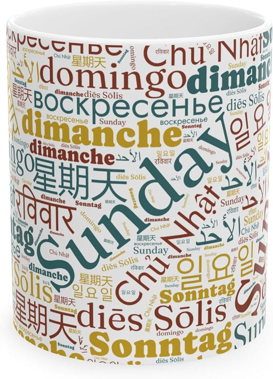 Vintage Sunday Word Cloud Mug | Global Languages Design | Teacher Appreciation Gift
