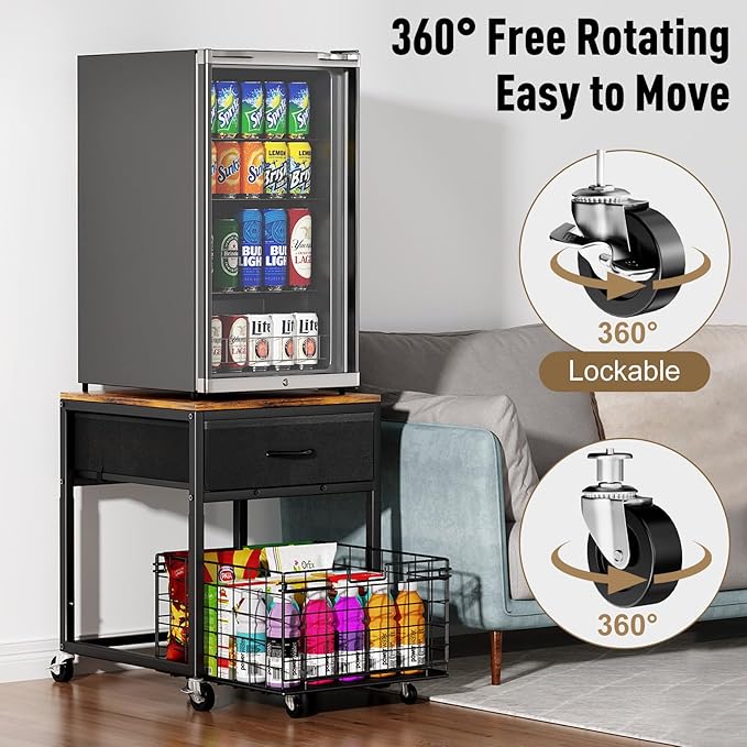 Housolution Mobile Mini Fridge Stand with Storage, Height-Adjustable Mini Beverage Fridge Table, Coffee Bar, 200 lbs Heavy-Duty Compact Refrigerator Shelf with Rolling Cabinet for Kitchen Home Office