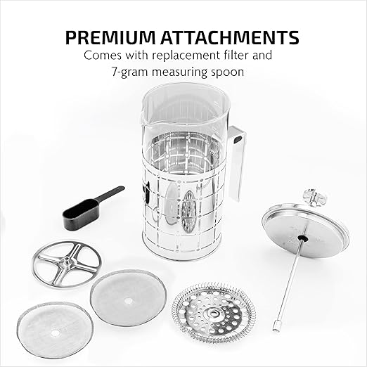 OVENTE French Press Coffee Maker 34 Ounce with Heat Resistant Borosilicate Glass, Stainless Steel Design and 4-Level Filter System, Portable Cold Brewer Pot for Travel, Camping or Gift, Silver FSS34P