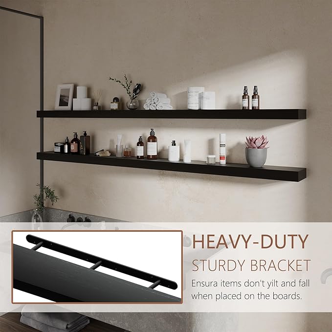 72 inch Long Floating Shelves for Wall,Solid Wood Long Wall Shelves Set of 2,Black Wooden Mounted Shelf,Bookshelf Bathroom Shelves (Black, 72 Inch)