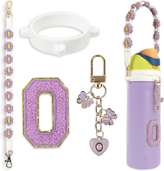 Compatible with Owala Water Bottle Accessories, Cute Letter Charm Set with Boho Handle Strap, Monogram Sticker, Silicone Ring, Keychain Decoration, for FreeSip 24 32 40oz, Owala Kids, Tumbler Gift