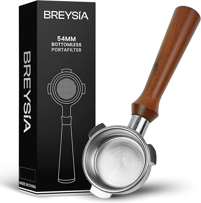 54mm Bottomless Portafilter – Compatible with Breville Espresso Machines – Portafilter 54mm with Ergonomic Rosewood Handle + 18g Basket | BREYIA