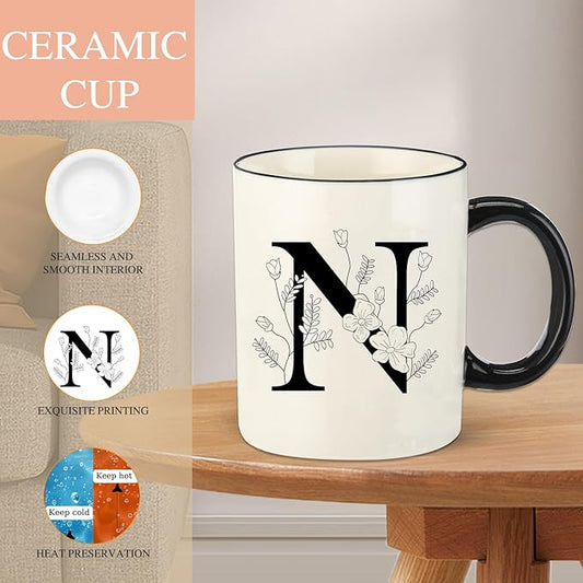 Monogram Ceramic Coffee Mugs, 11 oz Initial Drinking Cup with Gift Box, Unique Birthday Christmas Gifts for Women Wife Mothers Day Grandma Mom Aunt, N