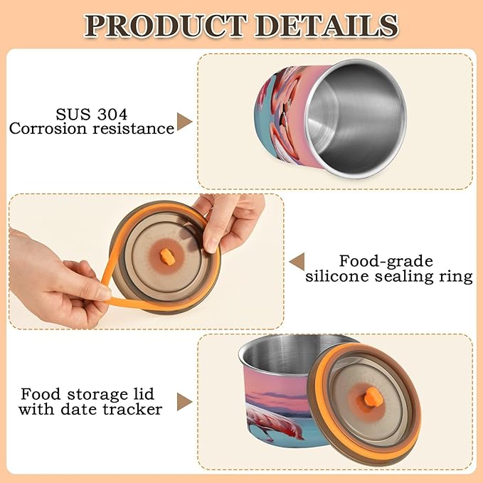 YETTASBIN Flamingo Airtight Food Storage Containers 900ml/30oz, Stainless Steel Coffee Canisters with Vacuum-Lock Lid for Kitchen Organization, Coffee Bean, Tea, Sugar, Flour