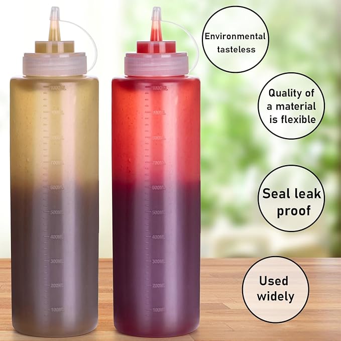 Katfort Squeeze Bottles for Sauces 2 Pack, 32 Ounce 1000ml Plastic Dressing Squirt Bottles with Cap Lids, Condiment Bottle for Liquids BBQ Dressing Pancake Art Dispenser