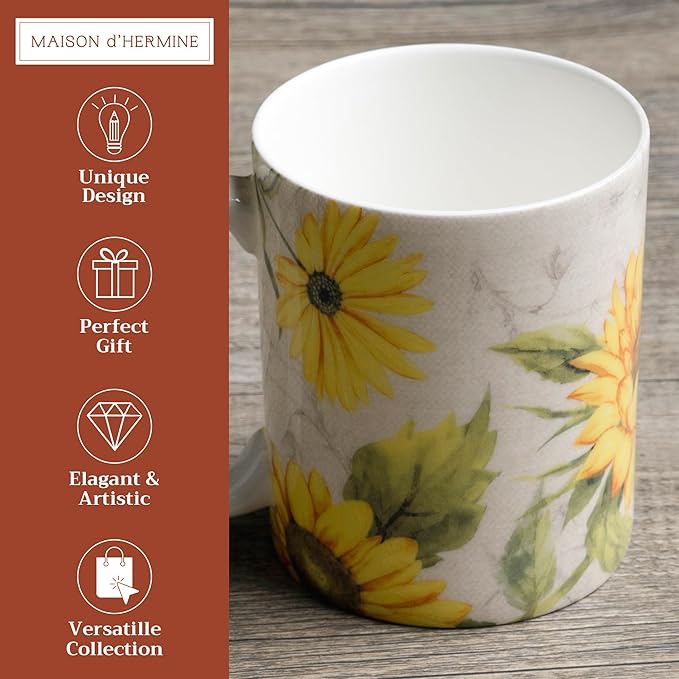 Maison d' Hermine Coffee Mug with Handles Fine Bone China Mugs Pack of One Tea Cups for Hot Beverages Cappuccino Latte Home Restaurant Office Perfect for Gift (Candice - Helianthe, 12 Ounce)