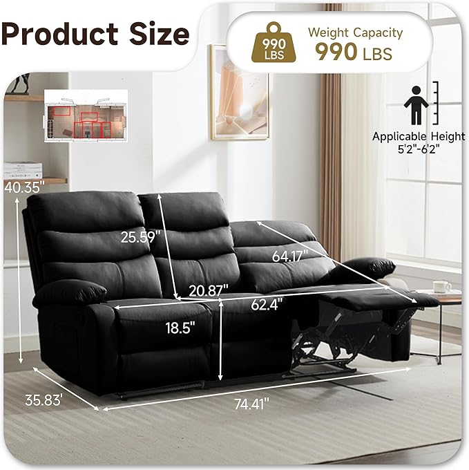 3 Seater Recliner Sofa Set, Anti-Scratch Reclining Loveseat Sofa & Couch for Living Room, RV, Home Theater Apartment(Black, 3 Seater Sofa)
